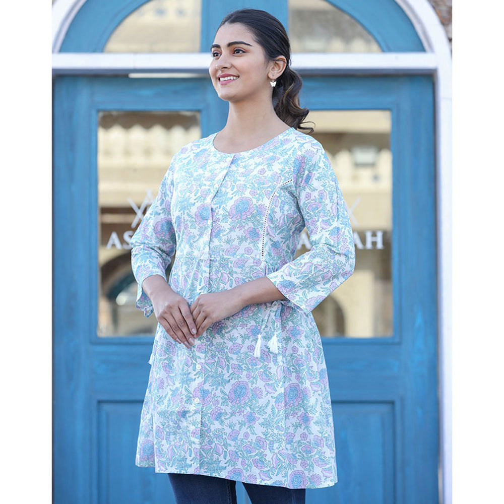 KAAJH White Floral Print Cotton Shirt Tunic