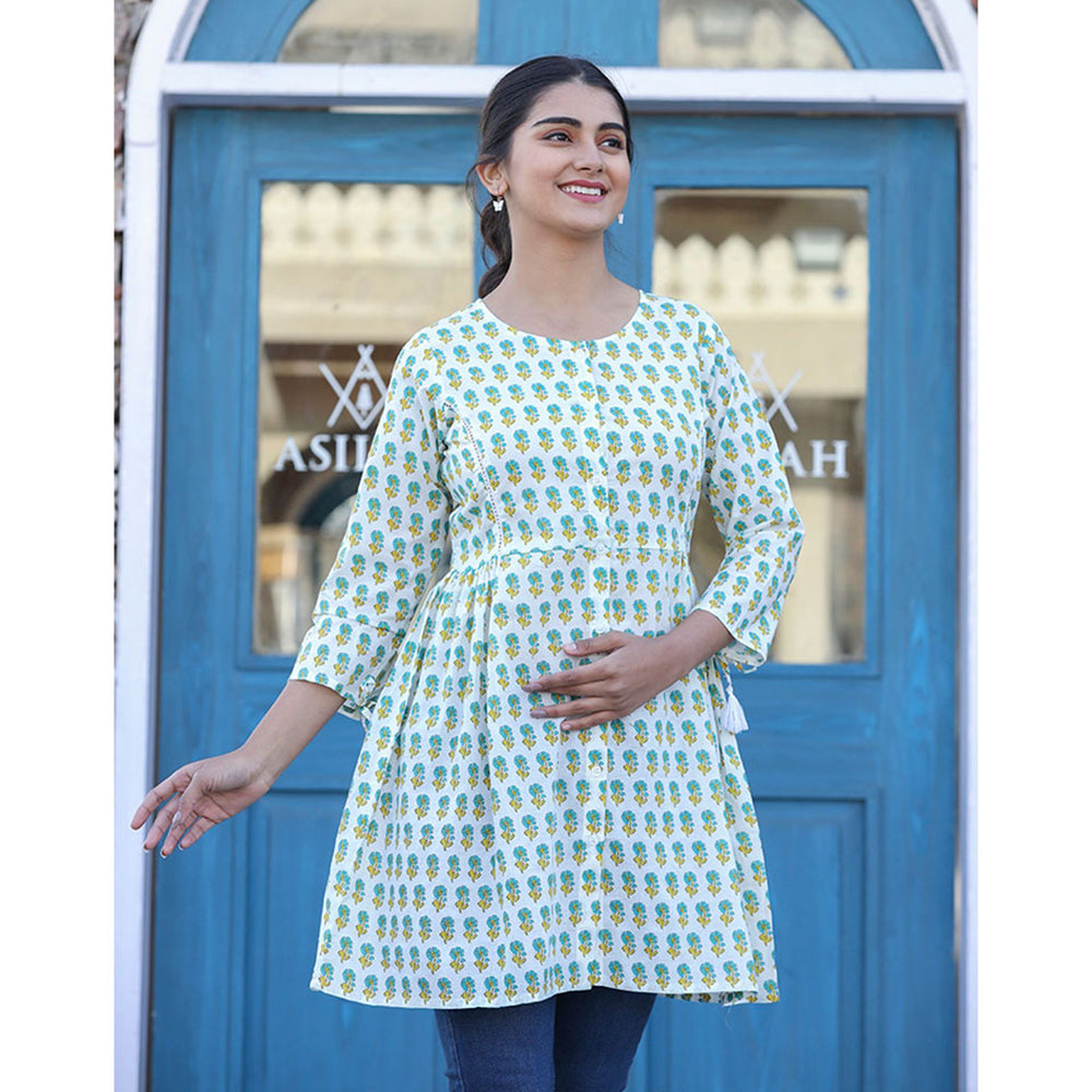 KAAJH White Green Floral Print Cotton Shirt Style Tunic