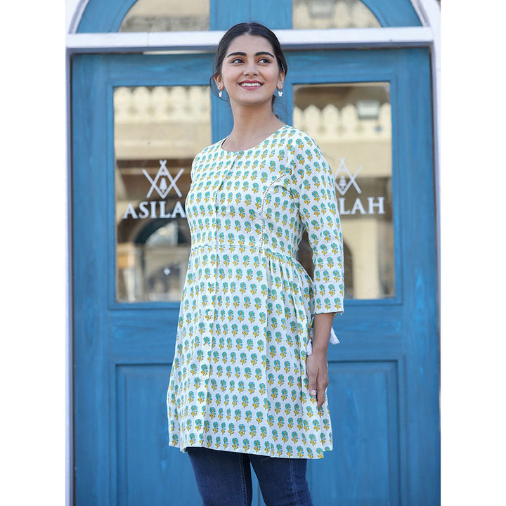 KAAJH White Green Floral Print Cotton Shirt Style Tunic