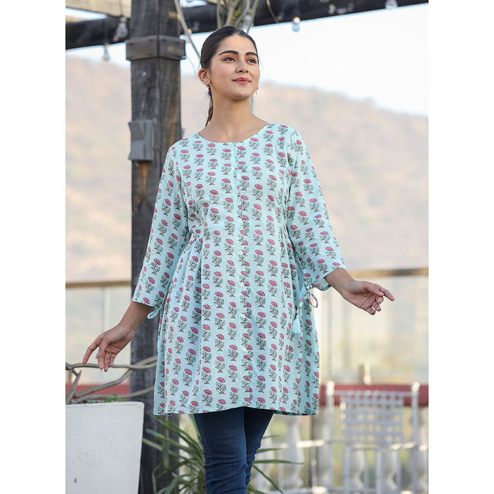 KAAJH Light Green Floral Print Cotton Shirt Style Tunic