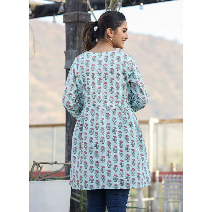 KAAJH Light Green Floral Print Cotton Shirt Style Tunic