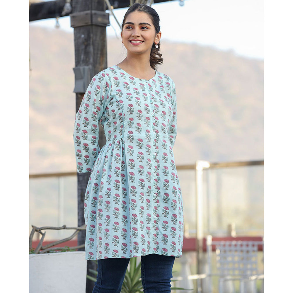 KAAJH Light Green Floral Print Cotton Shirt Style Tunic