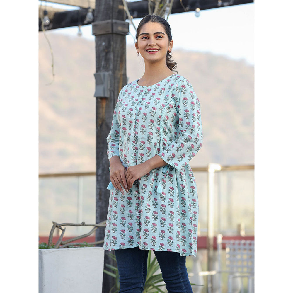 KAAJH Light Green Floral Print Cotton Shirt Style Tunic