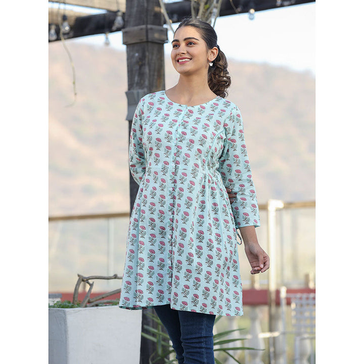 KAAJH Light Green Floral Print Cotton Shirt Style Tunic