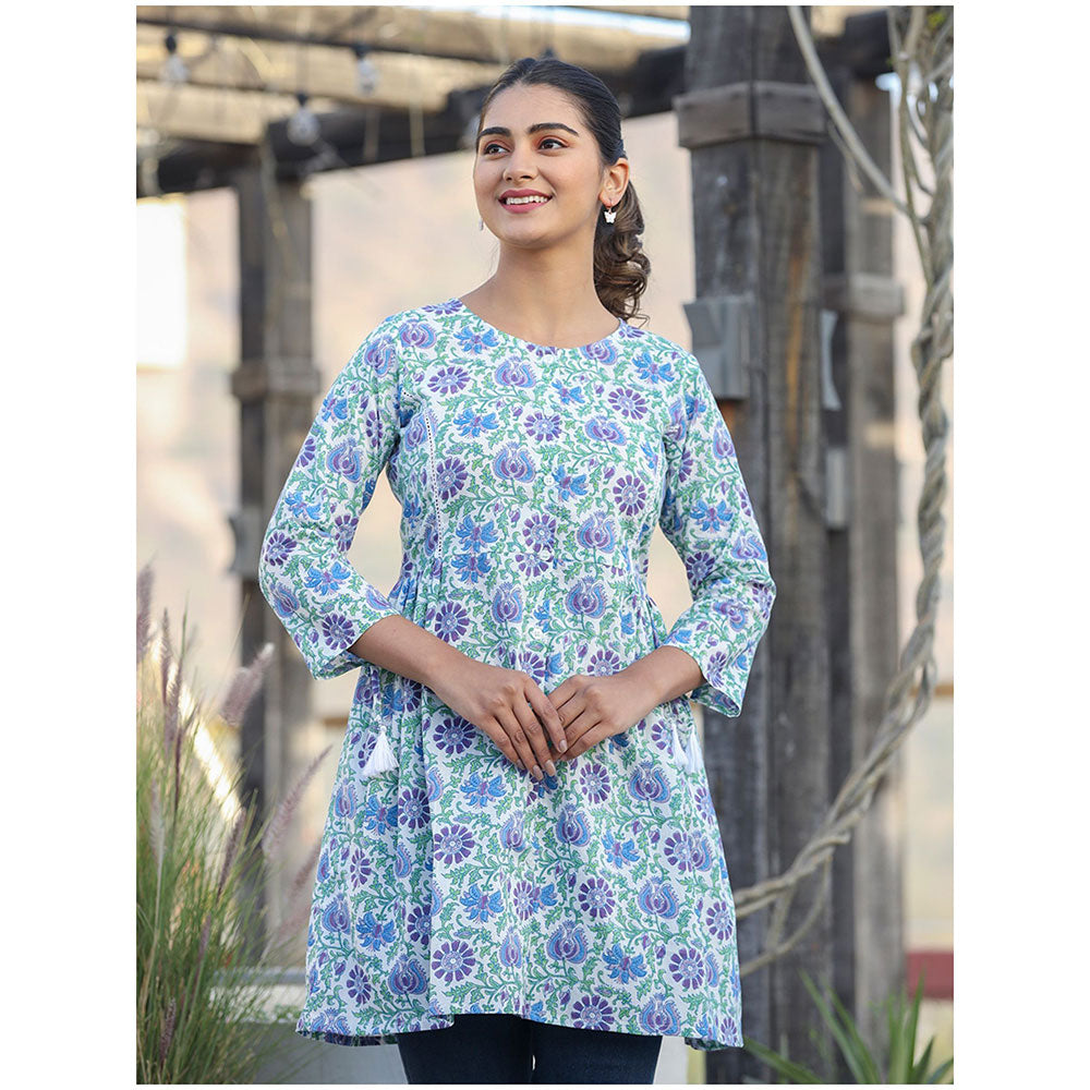 KAAJH White Blue Floral Print Cotton Shirt Style Tunic