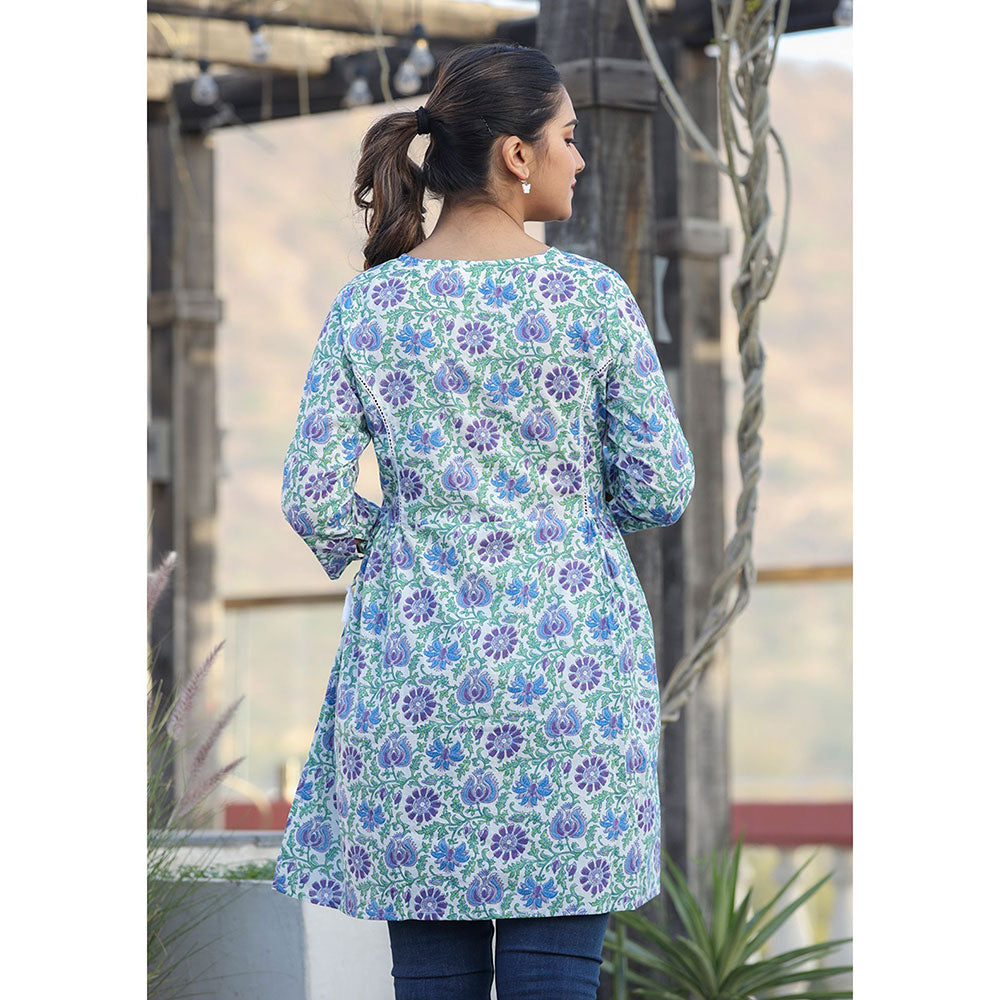 KAAJH White Blue Floral Print Cotton Shirt Style Tunic