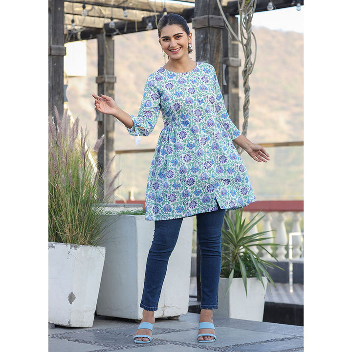 KAAJH White Blue Floral Print Cotton Shirt Style Tunic