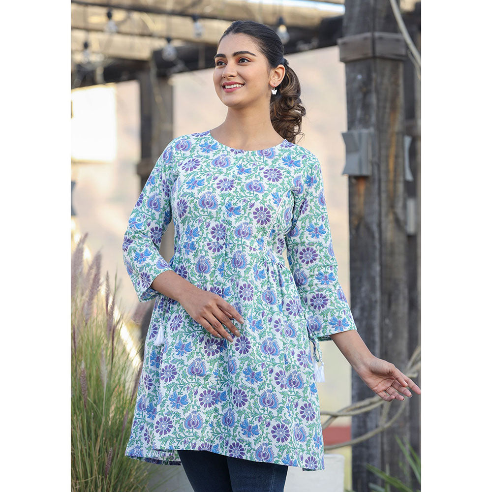 KAAJH White Blue Floral Print Cotton Shirt Style Tunic