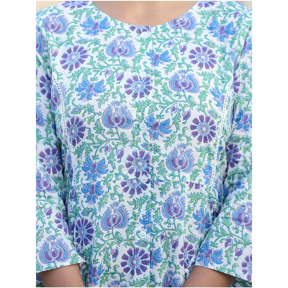 KAAJH White Blue Floral Print Cotton Shirt Style Tunic