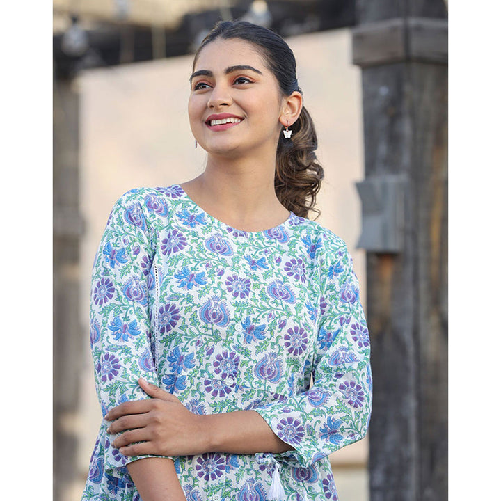 KAAJH White Blue Floral Print Cotton Shirt Style Tunic