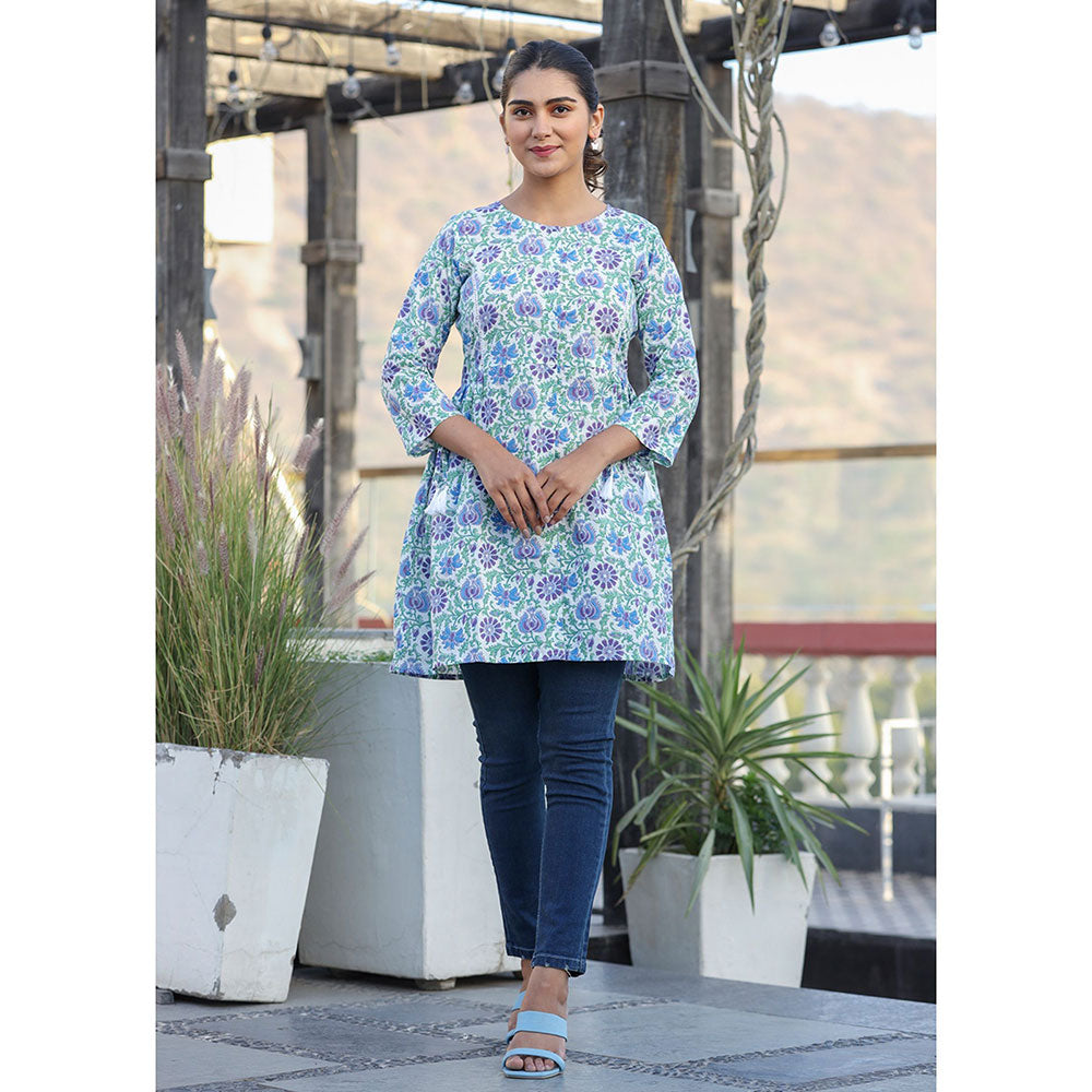 KAAJH White Blue Floral Print Cotton Shirt Style Tunic