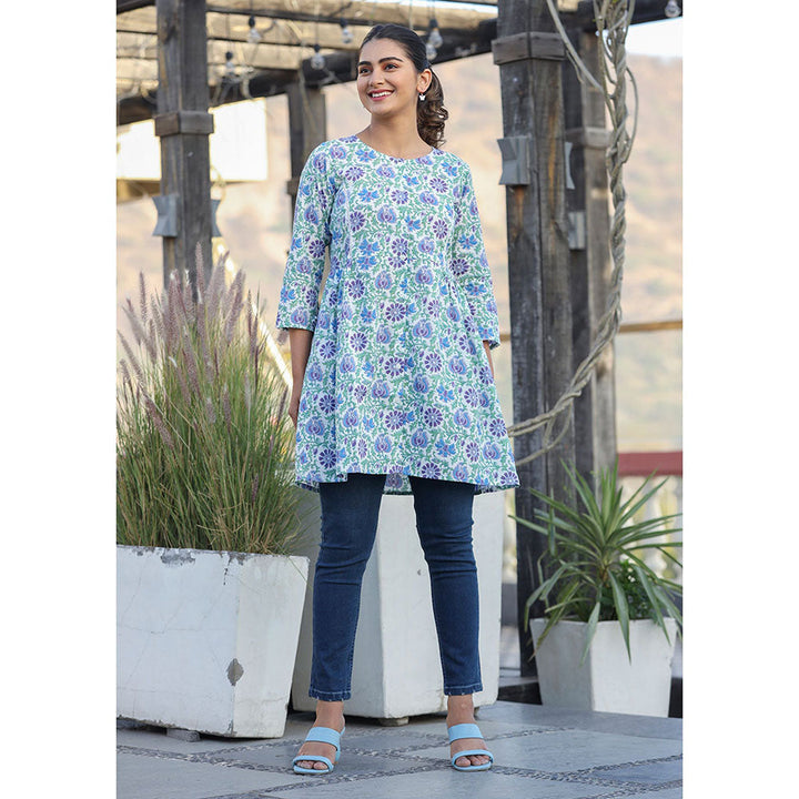 KAAJH White Blue Floral Print Cotton Shirt Style Tunic