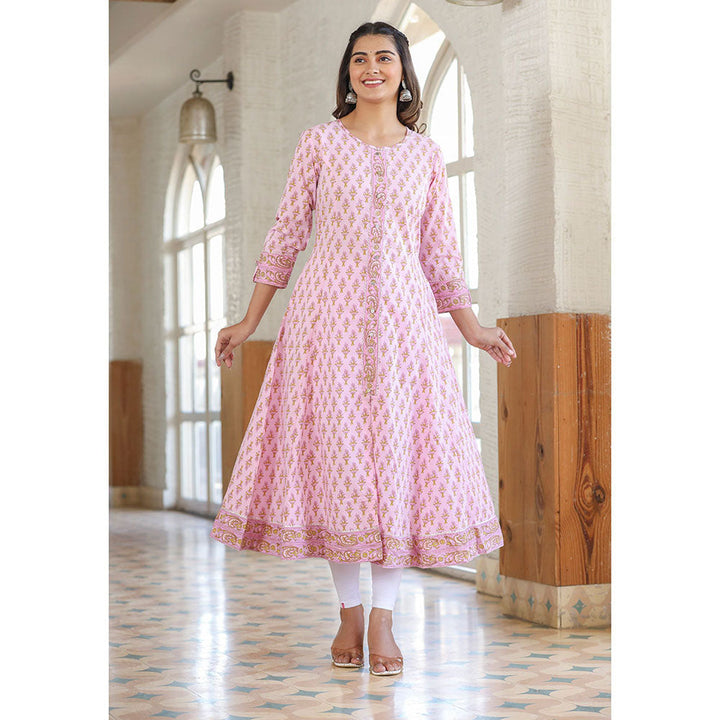 KAAJH Pink Cotton Printed A line Kurta