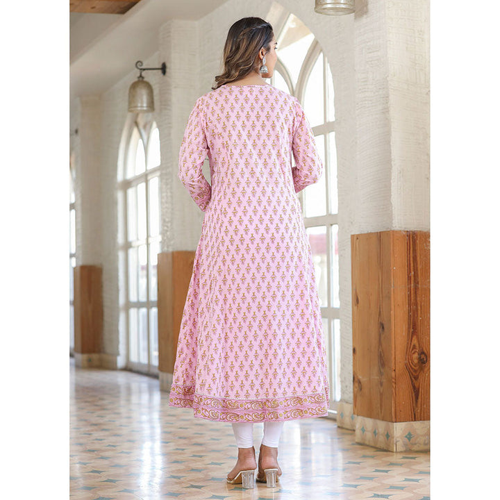 KAAJH Pink Cotton Printed A line Kurta