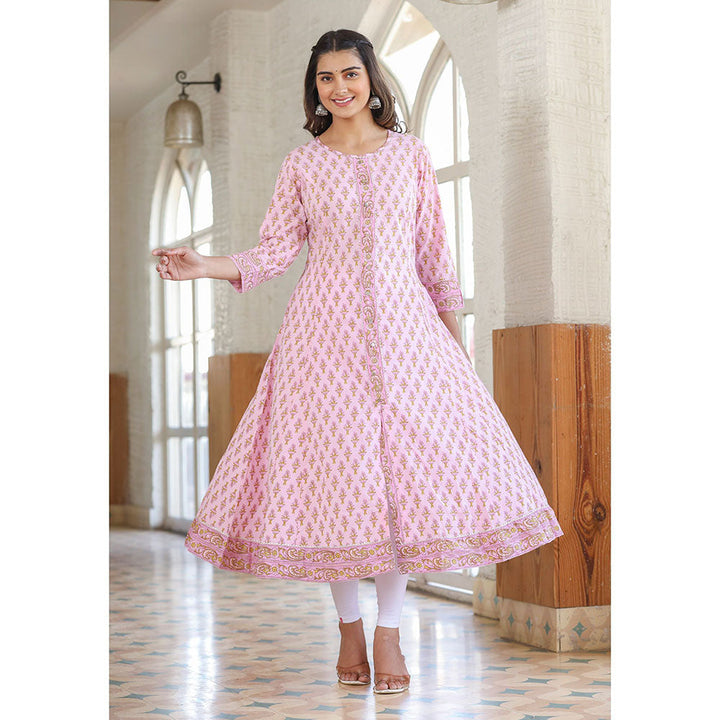 KAAJH Pink Cotton Printed A line Kurta