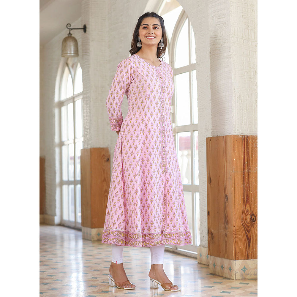 KAAJH Pink Cotton Printed A line Kurta