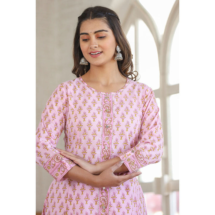 KAAJH Pink Cotton Printed A line Kurta