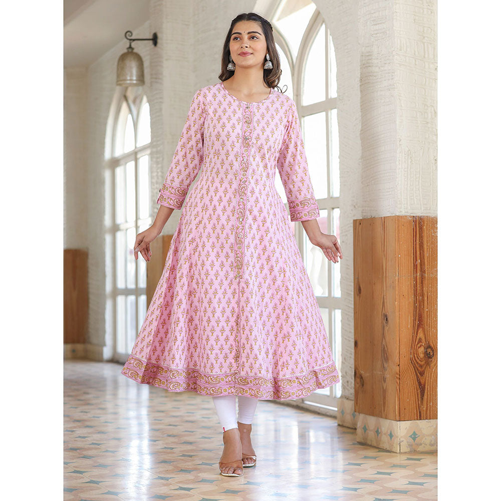 KAAJH Pink Cotton Printed A line Kurta