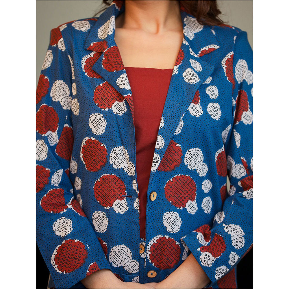 KAAJH Blue Printed Three Piece Blazer Co-Ord (Set of 3)