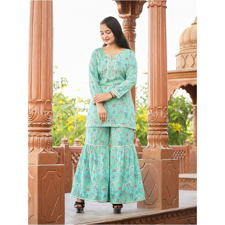 KAAJH Green Floral Printed Kurta with Sharara (Set of 2)