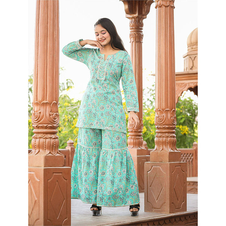 KAAJH Green Floral Printed Kurta with Sharara (Set of 2)