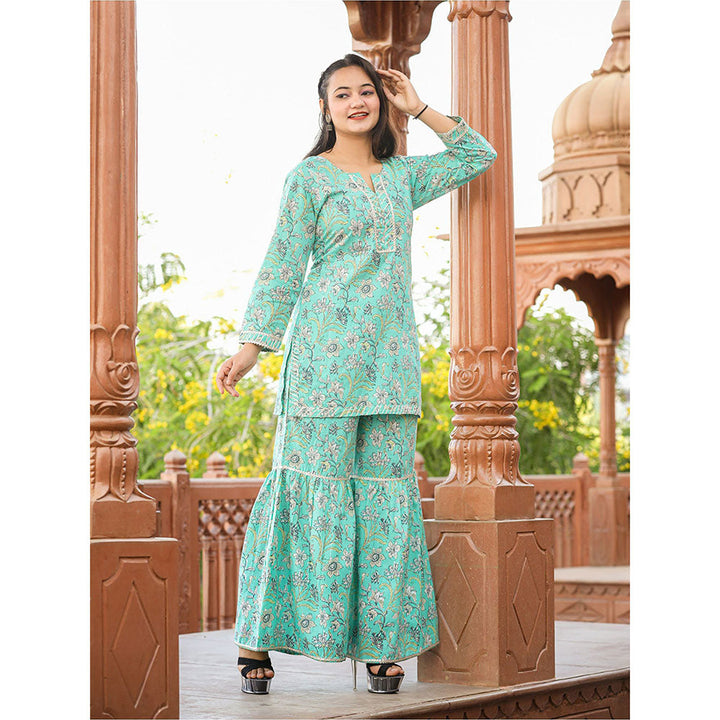 KAAJH Green Floral Printed Kurta with Sharara (Set of 2)