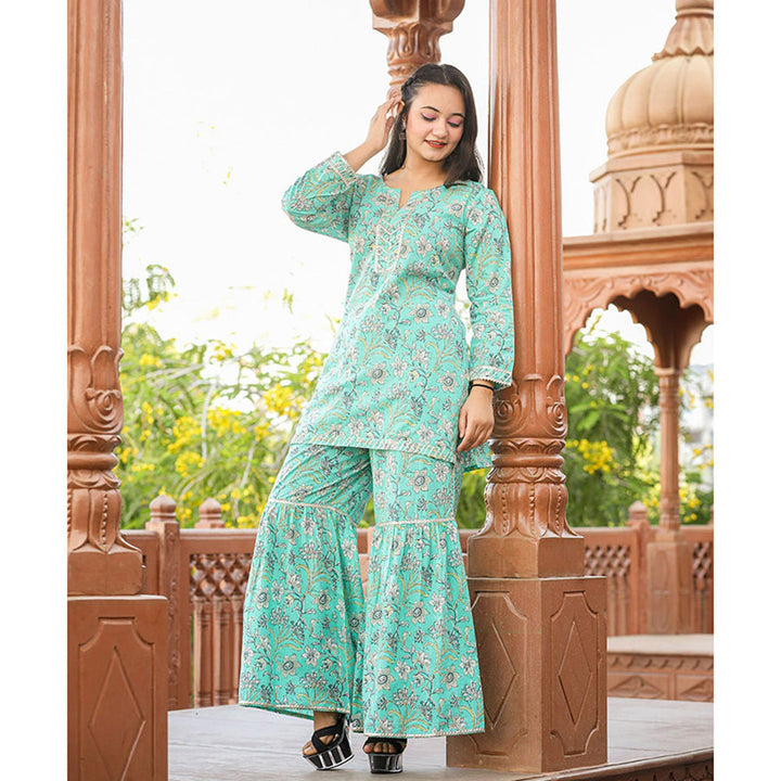 KAAJH Green Floral Printed Kurta with Sharara (Set of 2)