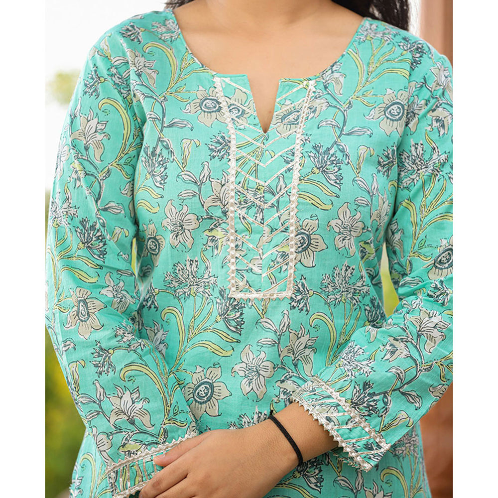 KAAJH Green Floral Printed Kurta with Sharara (Set of 2)