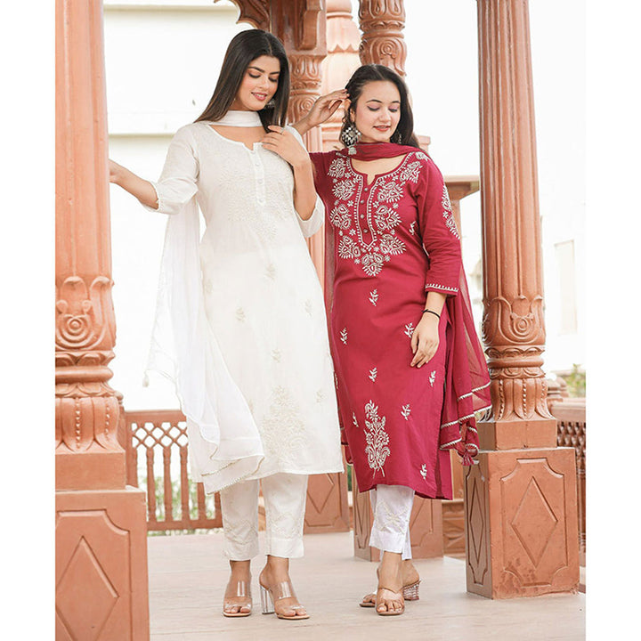 KAAJH Off White Lucknow Chikankari Cotton Kurta with Dupatta (Set of 3)