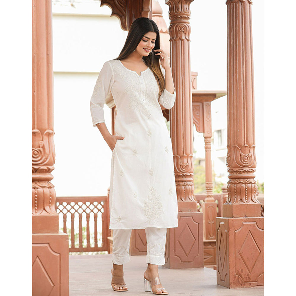 KAAJH Off White Lucknow Chikankari Cotton Kurta with Dupatta (Set of 3)