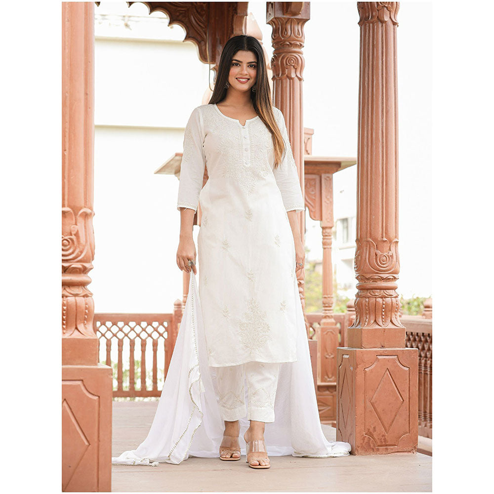 KAAJH Off White Lucknow Chikankari Cotton Kurta with Dupatta (Set of 3)