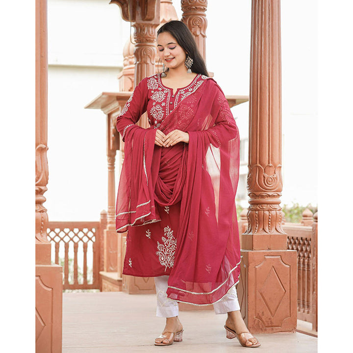 KAAJH Wine Red Lucknow Chikankari Cotton Kurta with Dupatta (Set of 3)