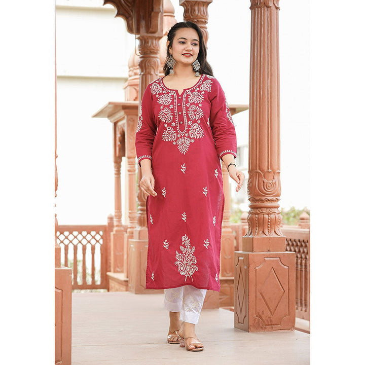 KAAJH Wine Red Lucknow Chikankari Cotton Kurta with Dupatta (Set of 3)