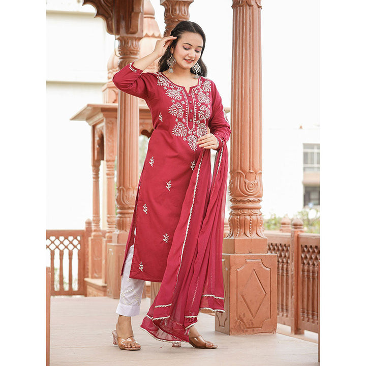 KAAJH Wine Red Lucknow Chikankari Cotton Kurta with Dupatta (Set of 3)