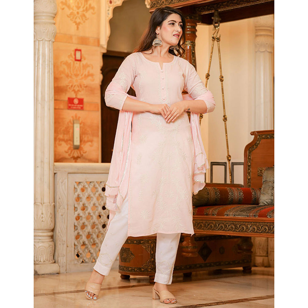 KAAJH Peach Lucknow Chikankari Suit (Set of 3)