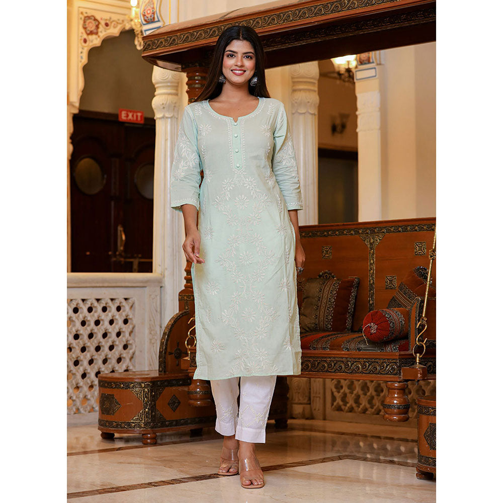 KAAJH Green Lucknow Chikankari Suit (Set of 3)