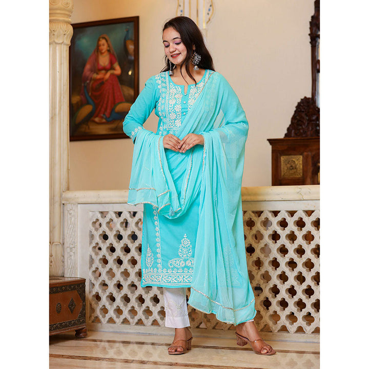 KAAJH Turquoise Hand Embroidered Lucknow Chikankari Kurta with Dupatta (Set of 3)