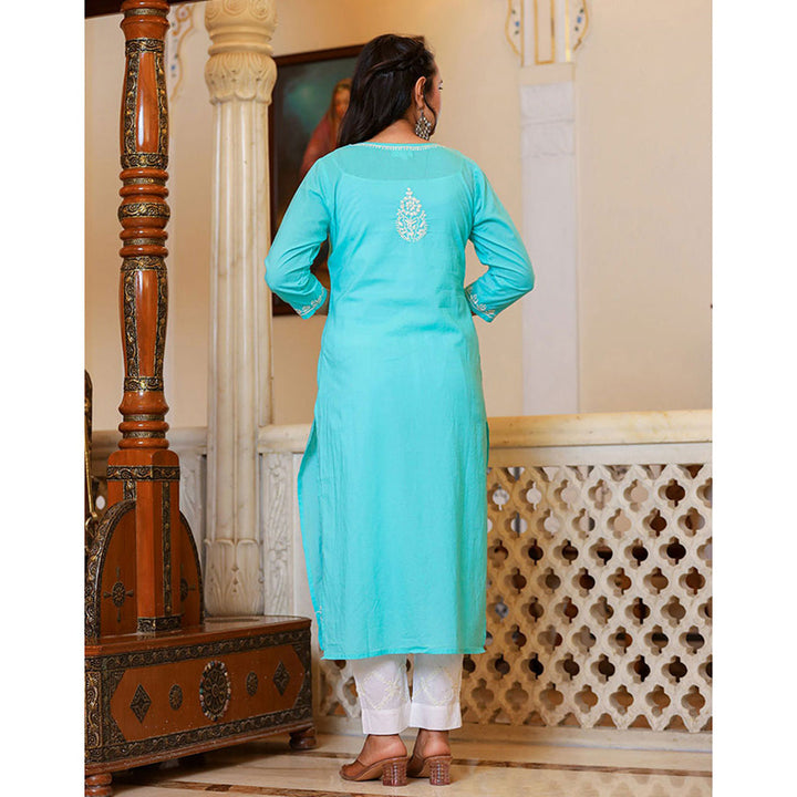 KAAJH Turquoise Hand Embroidered Lucknow Chikankari Kurta with Dupatta (Set of 3)