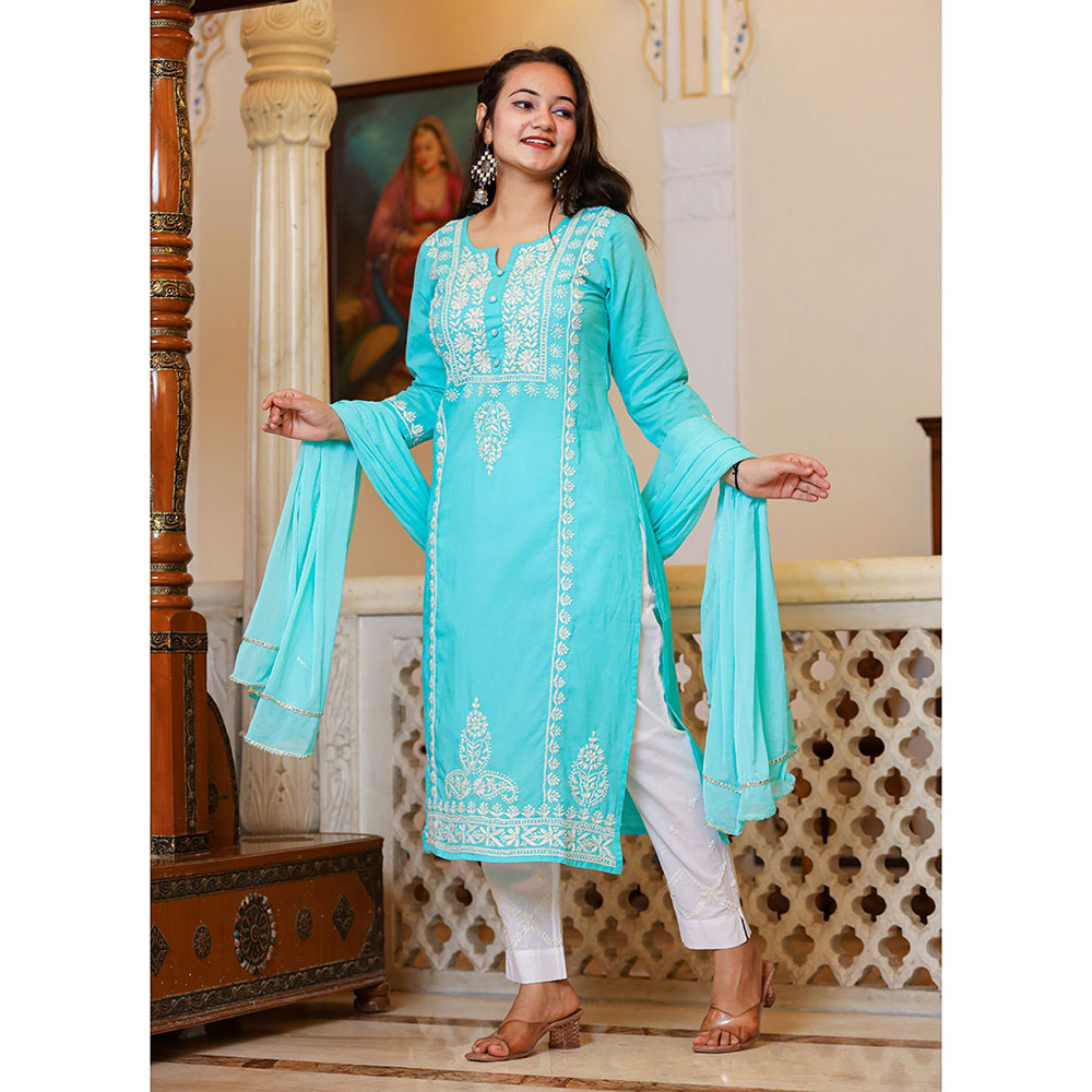 KAAJH Turquoise Hand Embroidered Lucknow Chikankari Kurta with Dupatta (Set of 3)