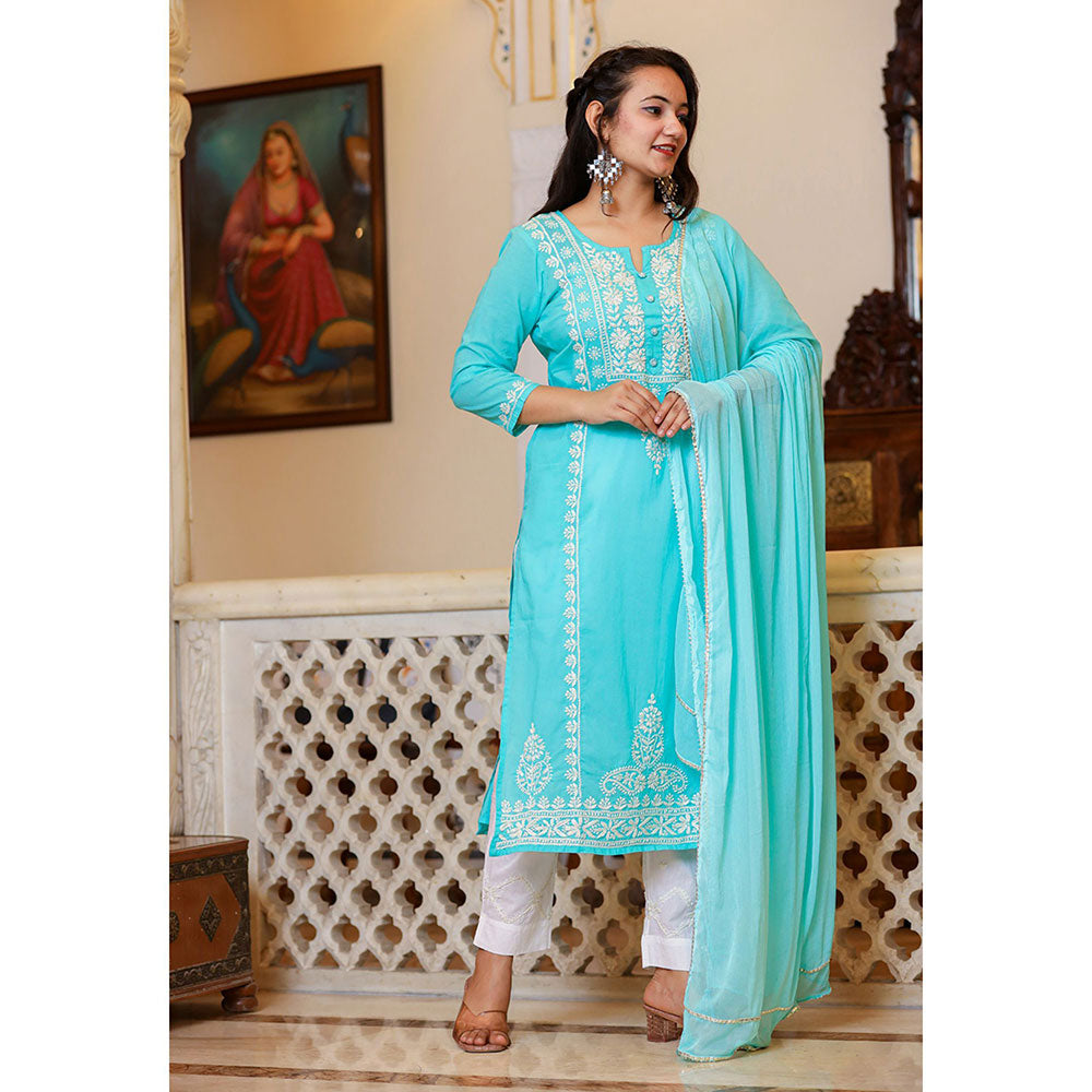 KAAJH Turquoise Hand Embroidered Lucknow Chikankari Kurta with Dupatta (Set of 3)