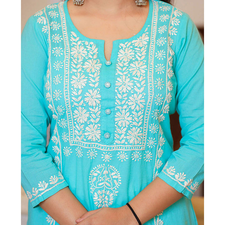 KAAJH Turquoise Hand Embroidered Lucknow Chikankari Kurta with Dupatta (Set of 3)