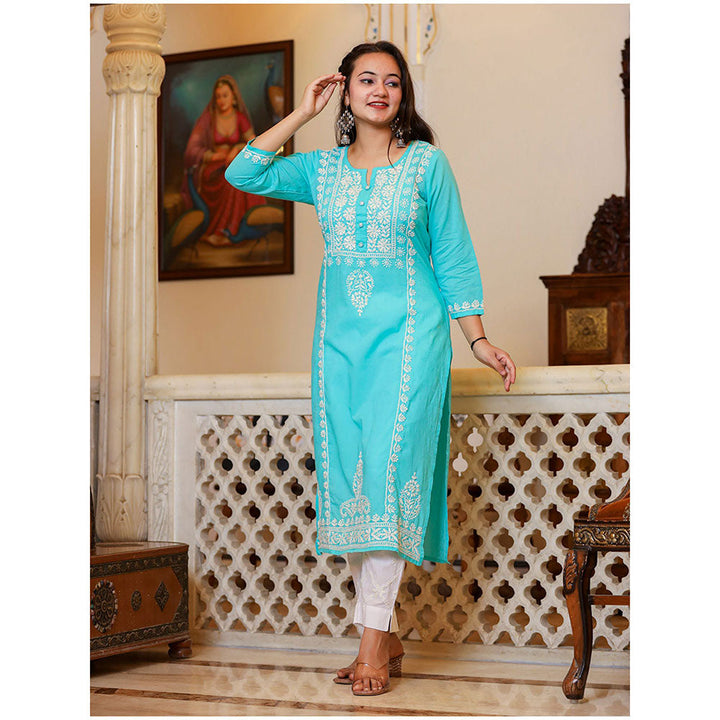 KAAJH Turquoise Hand Embroidered Lucknow Chikankari Kurta with Dupatta (Set of 3)