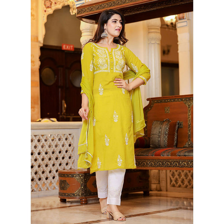 KAAJH Mustard Lucknow Chikankari Kurta Pant with Dupatta (Set of 3)