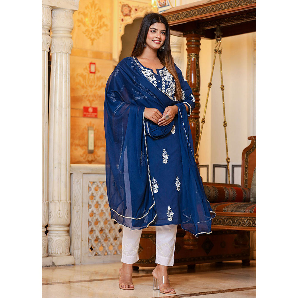 KAAJH Navy Blue Lucknow Chikankari Kurta Pant with Dupatta (Set of 3)