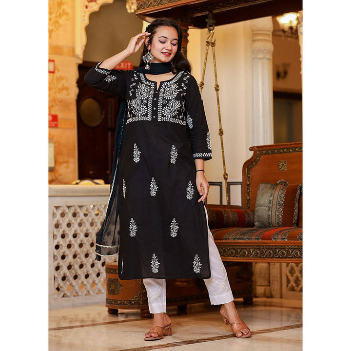 KAAJH Black Lucknow Chikankari Kurta Pant with Dupatta (Set of 3)