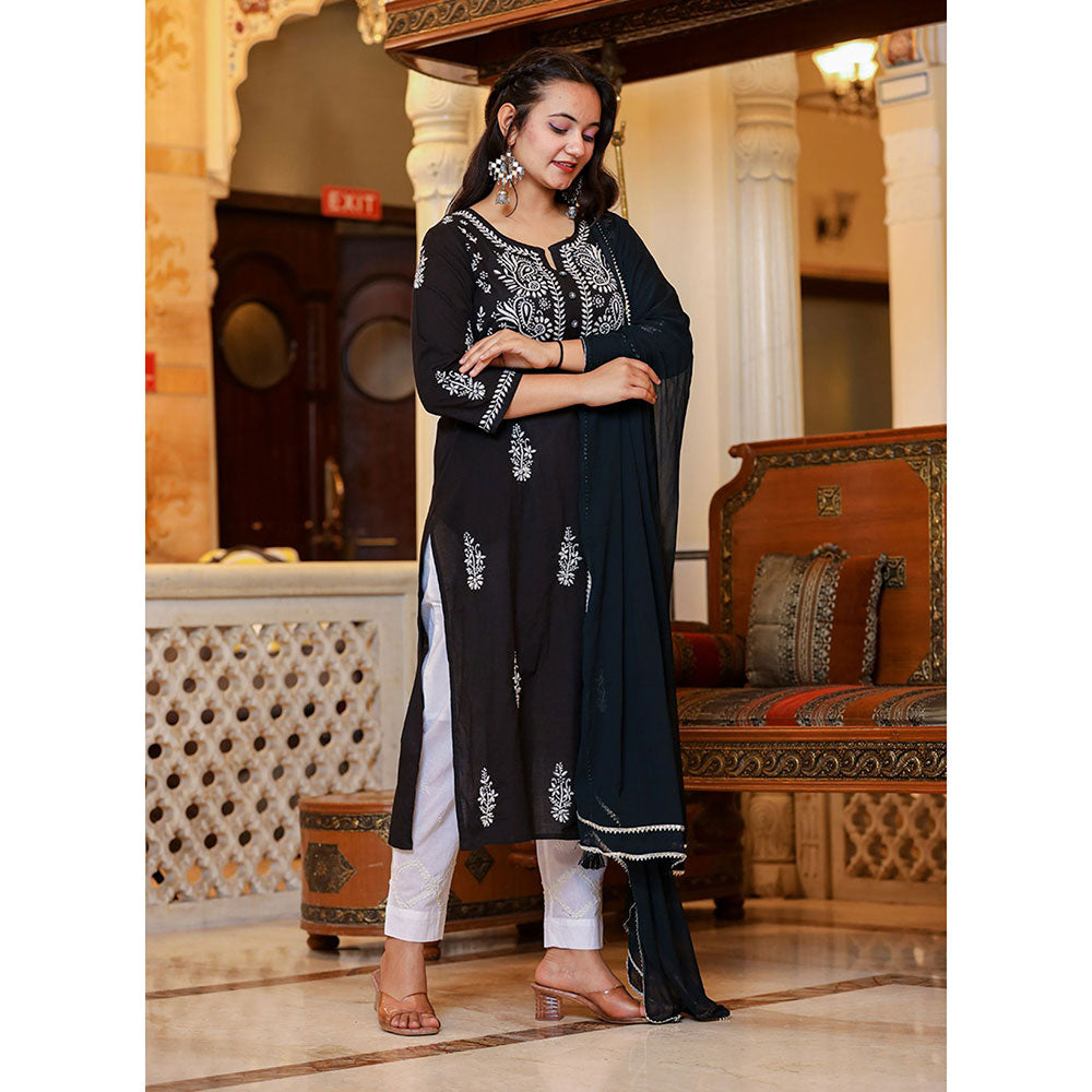 KAAJH Black Lucknow Chikankari Kurta Pant with Dupatta (Set of 3)