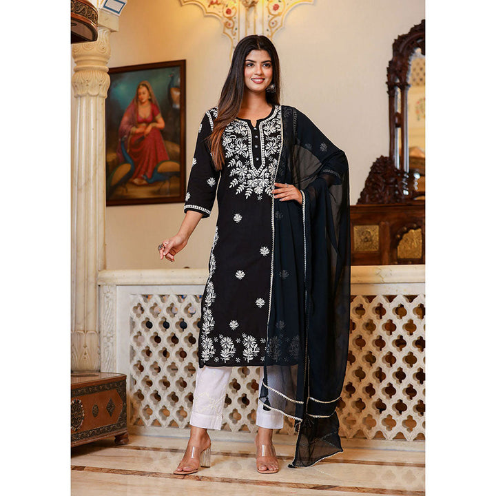 KAAJH Black Lucknow Chikankari Kurta with Pant & Dupatta (Set of 3)