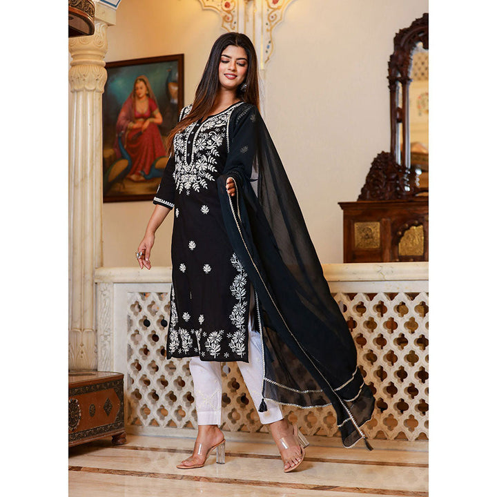 KAAJH Black Lucknow Chikankari Kurta with Pant & Dupatta (Set of 3)