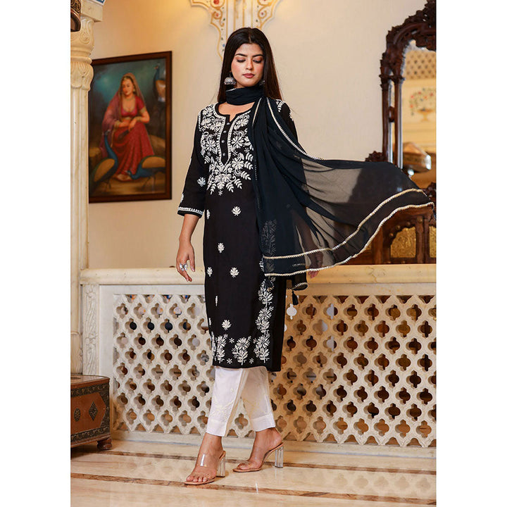 KAAJH Black Lucknow Chikankari Kurta with Pant & Dupatta (Set of 3)