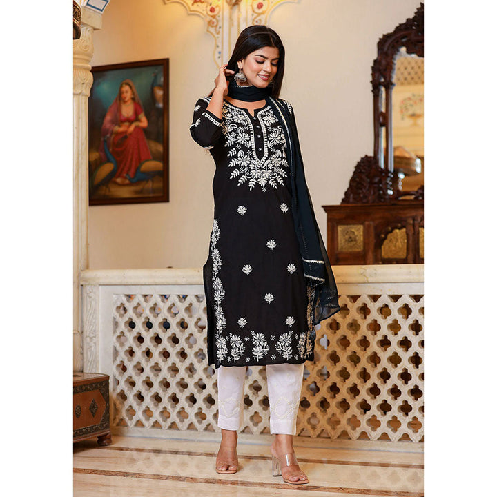 KAAJH Black Lucknow Chikankari Kurta with Pant & Dupatta (Set of 3)